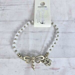 Dorothy Dragonfly Charm Beaded Stretch Bracelet Silver Tone and White